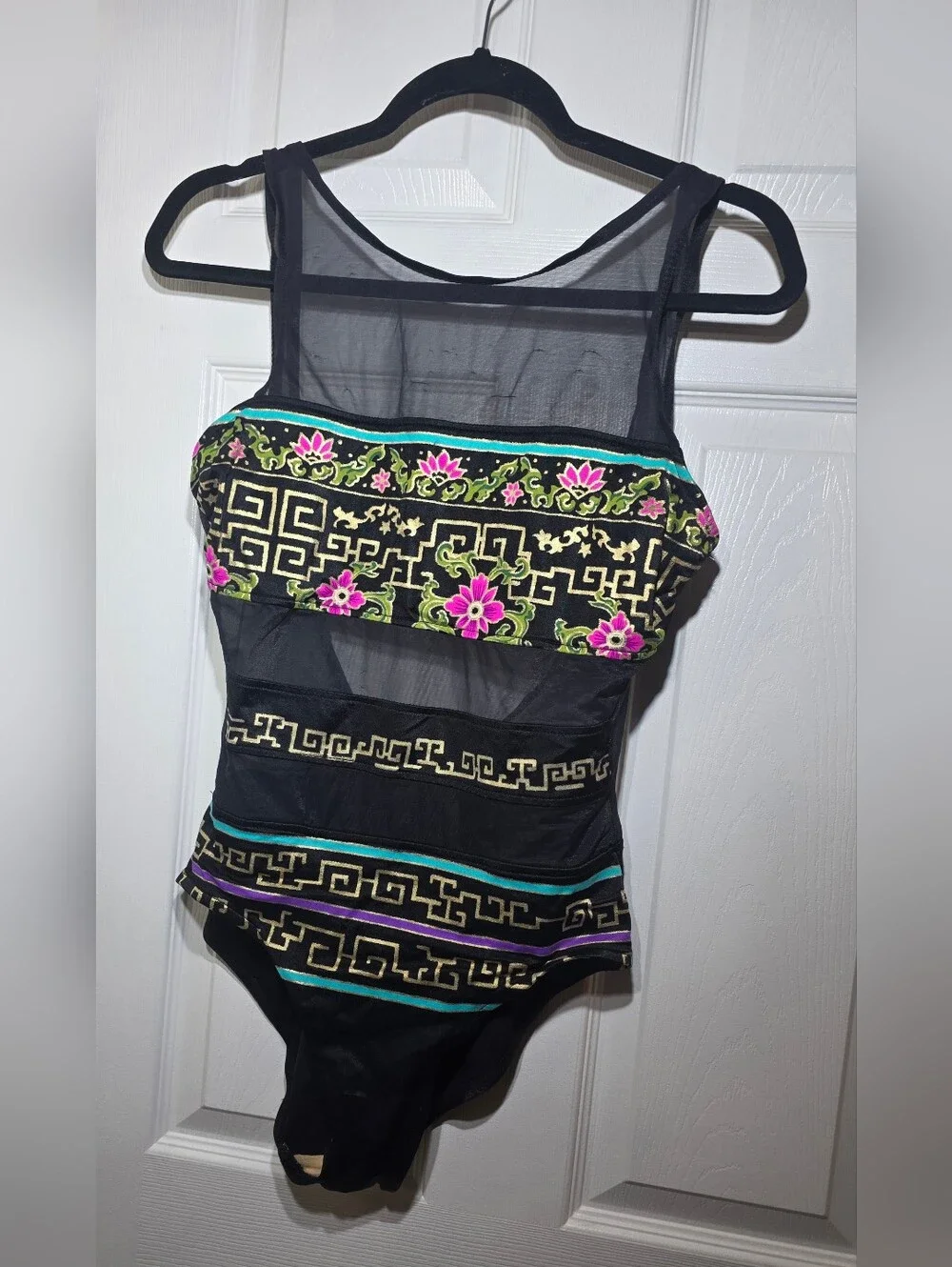 Catalina Vintage One Piece Swimsuit Black Mesh Floral Size 12 Made in USA